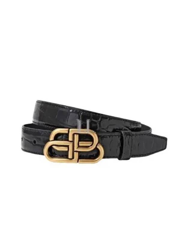Luxury Balenciaga Trending 2026 WoMen's Crocodile Embossed BB Buckle Thin Belt Black