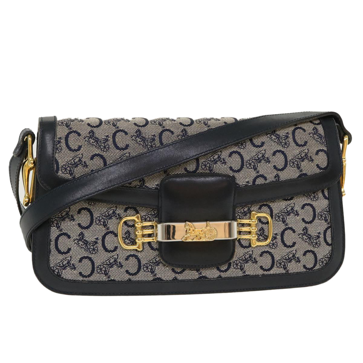 Luxury CELINE C Macadam Canvas Horse Carriage Shoulder Bag Navy  39947