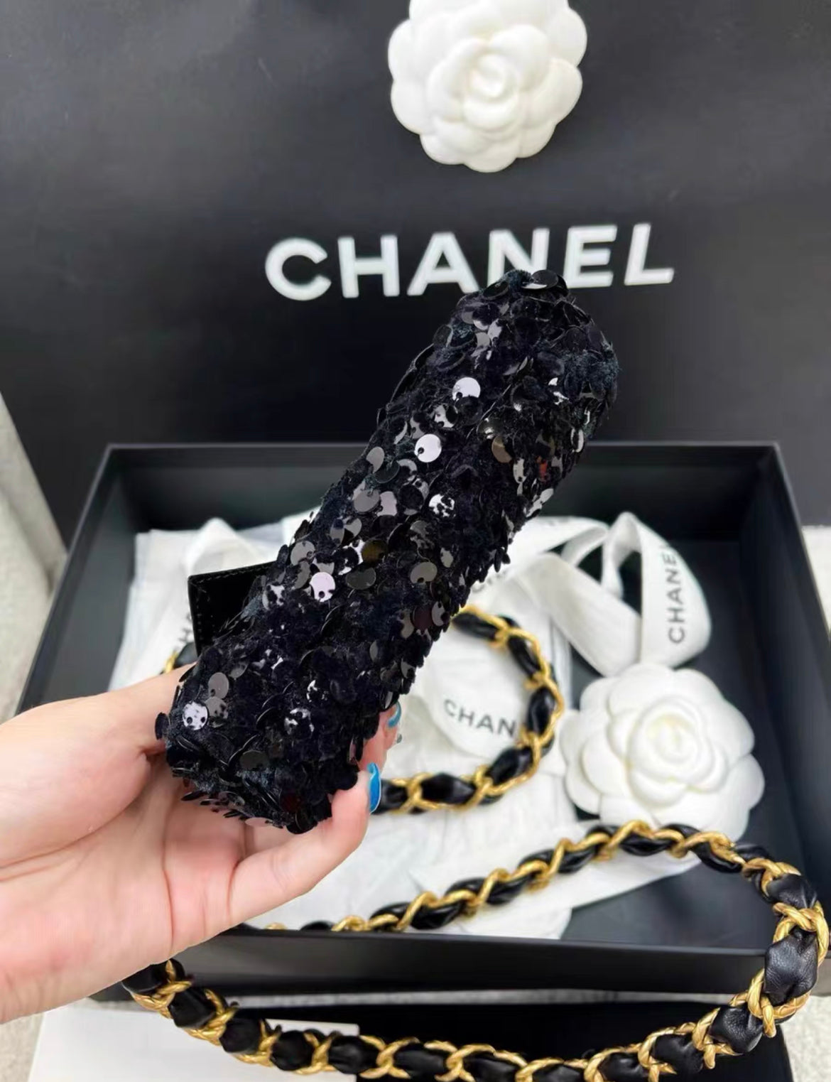 Chanel Metiers dArt 24A Black Sequin tweed Evening Mini Clutch Bag With Bow