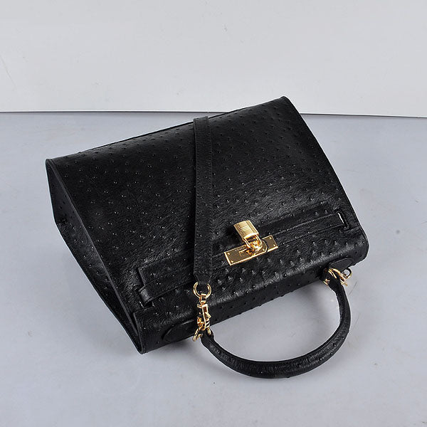 Luxury Hermes Kelly 32cm Ostrich Vein 6108 Black Golden