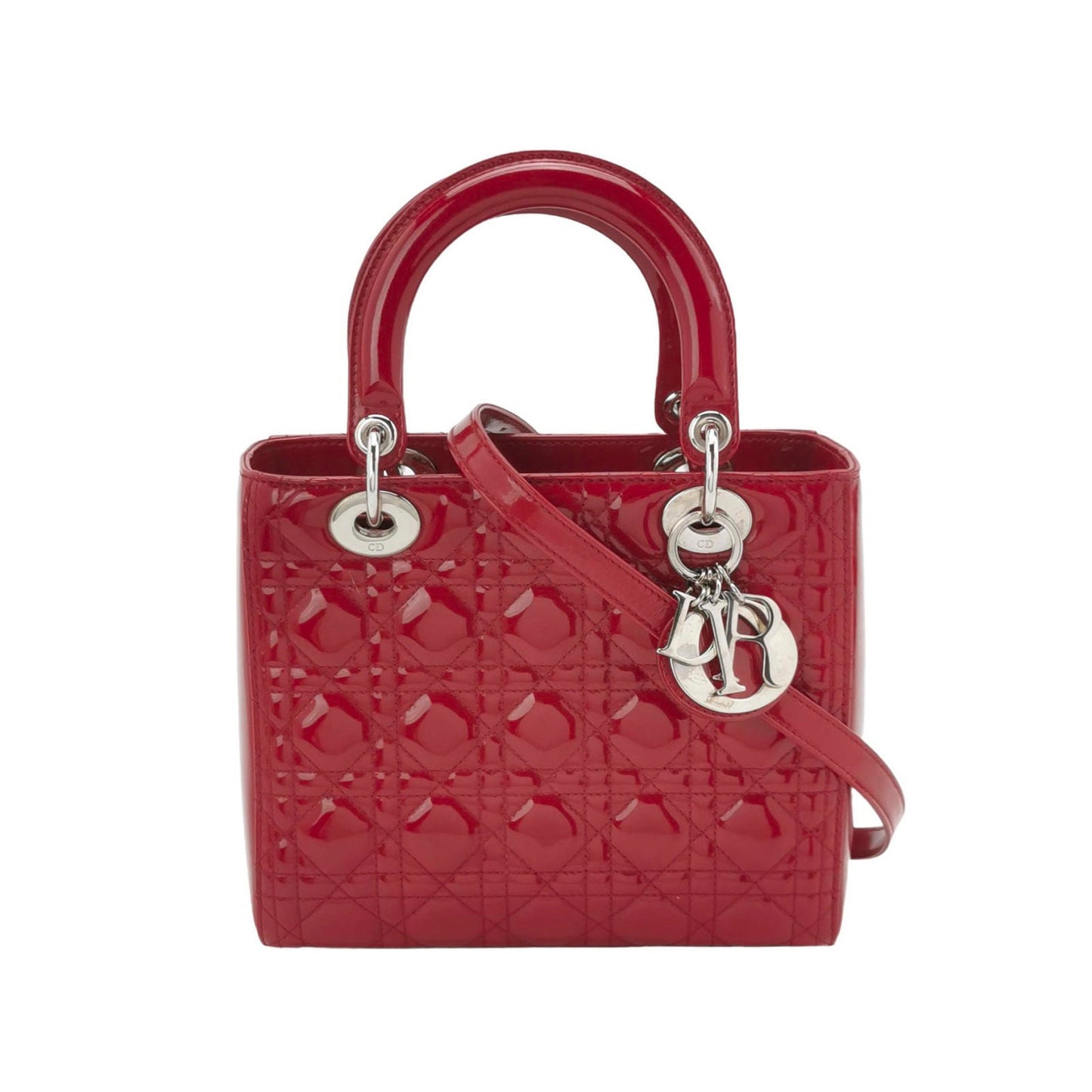 Lady Dior Medium Red Burgundy Patent Leather Handbag Silver Hardware