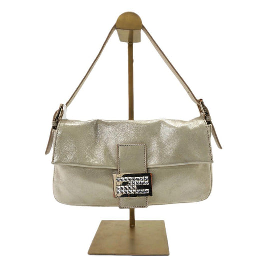 FENDI Baguette 1997 White Pearlescent Fabric Crystal Buckle Shoulder Bag
