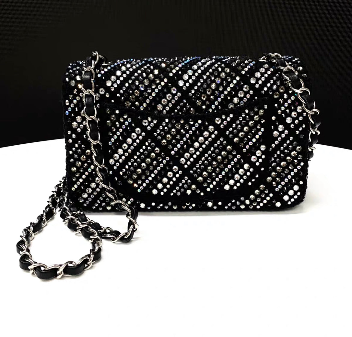 CHANEL 22A tweed, diamantés & silver metal black classic handbag