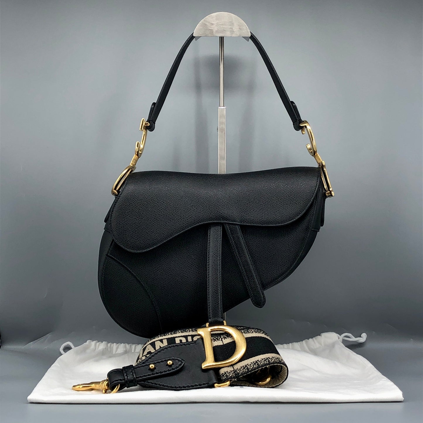 Christian Dior Saddle Medium Grained Calfskin Shoulder Bag Black + Extra Strap