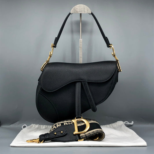 Christian Dior Saddle Medium Grained Calfskin Shoulder Bag Black + Extra Strap