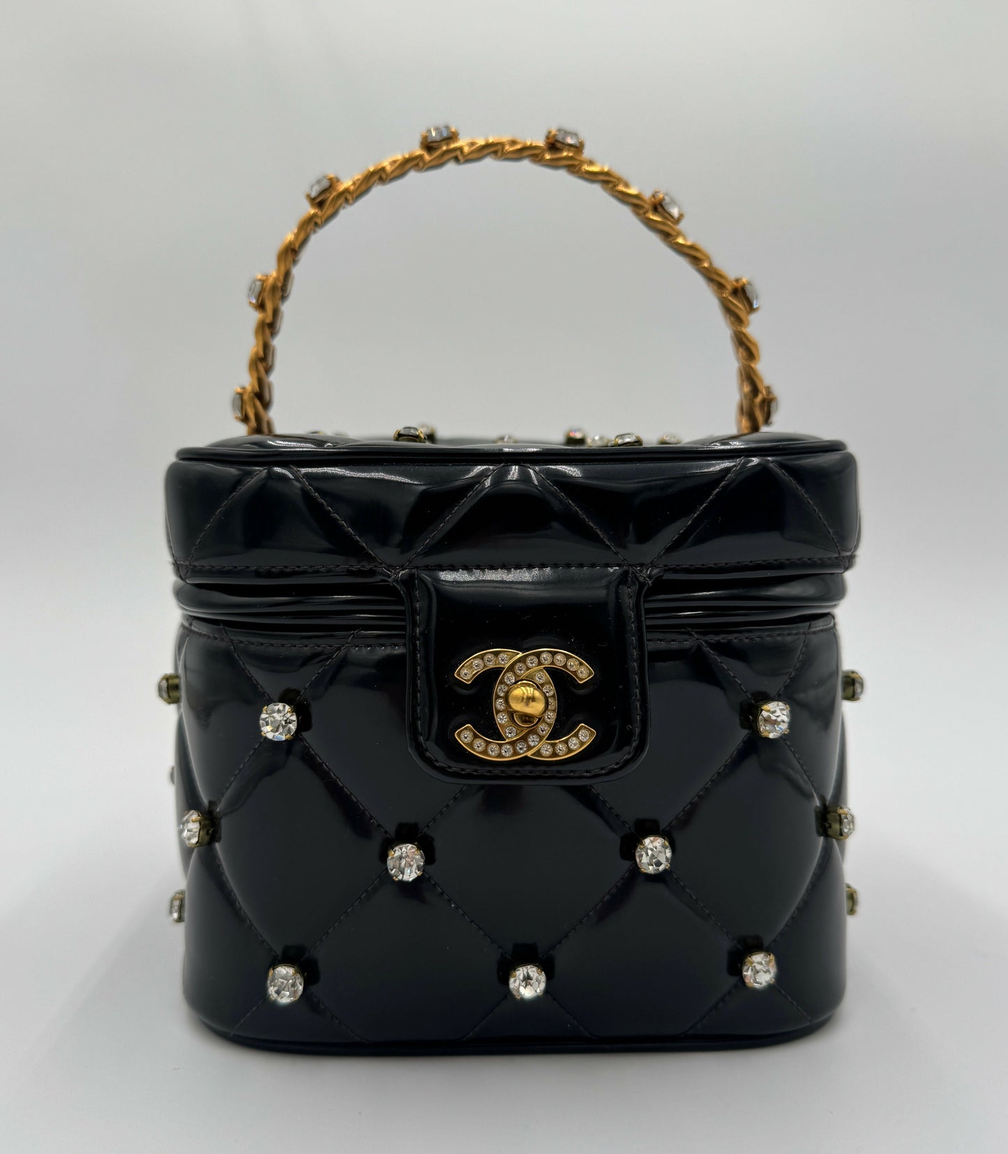 Chanel 1995  Barbie Black Rhinestone Heart-Mirror Vanity Case Bag