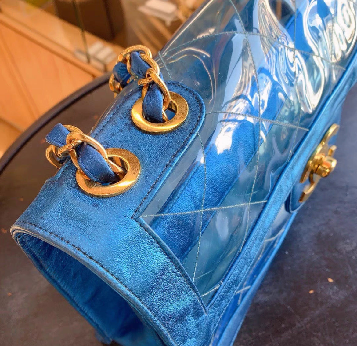 CHANEL 95P  "BARBIE" MAXI FLAP METALLIC BLUE BAG 24K GHW CLASSIC PCI