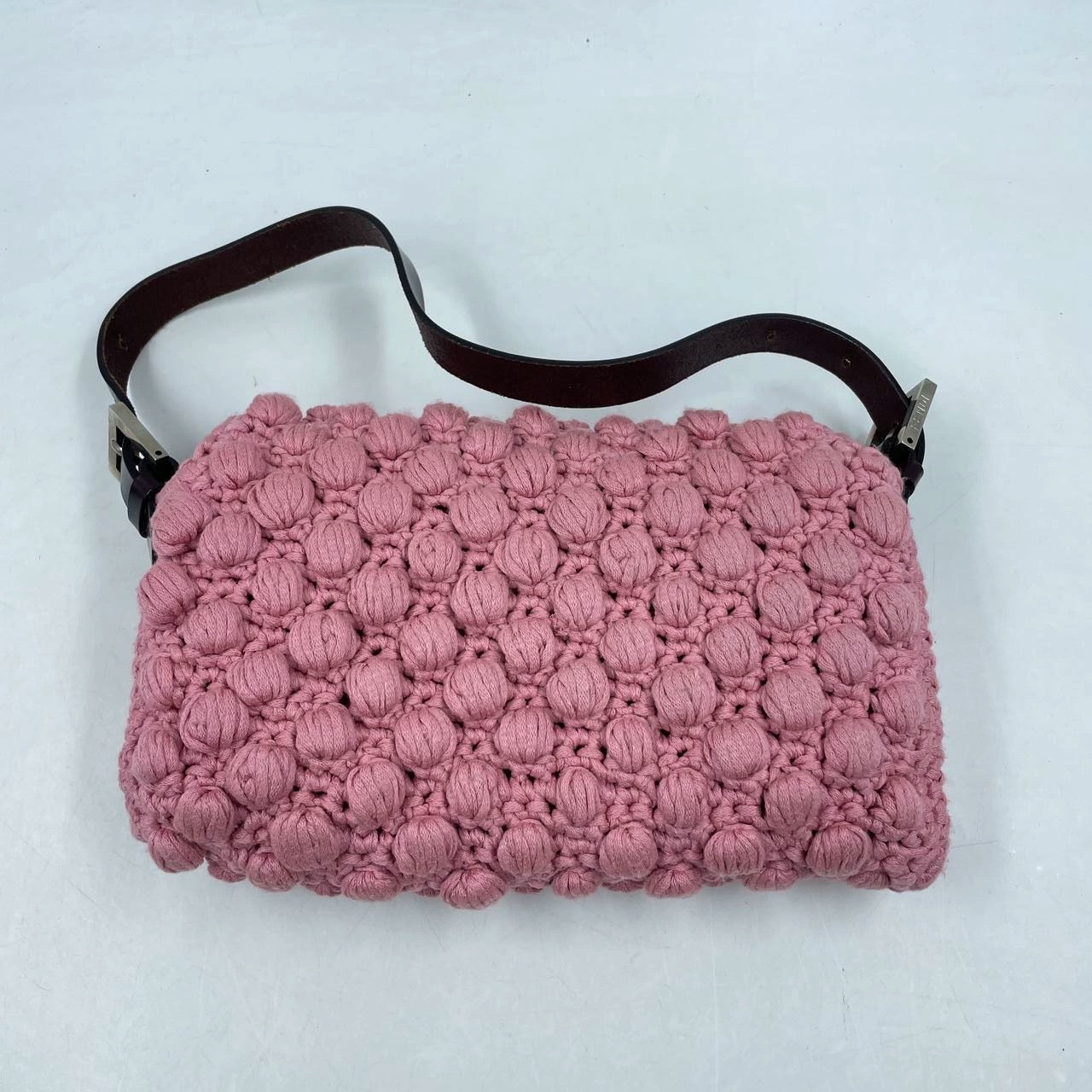 Fendi Baguette Bag Pink Crochet Knit Wool Pompom Shoulder Bag