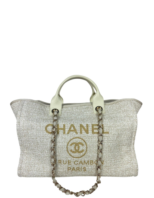 Chanel White/Gold Canvas Medium Deauville Tote