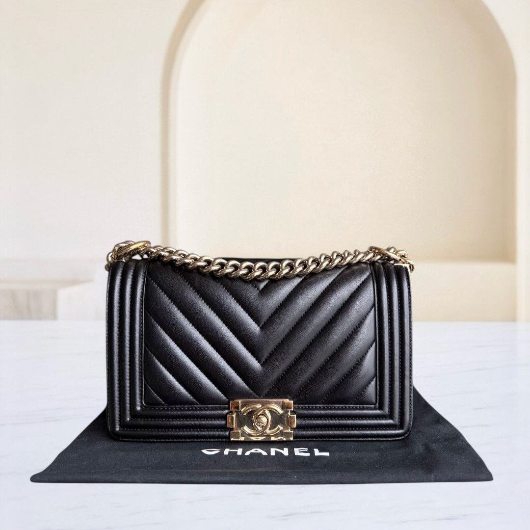 Chanel Boy Medium - 25CM Chevron Calfskin Black Aged Gold Hardware
