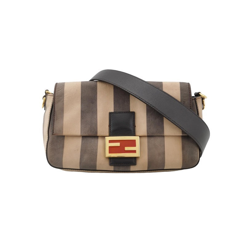 Fendi Baguette Crossbody Bag Leather Beige and Black Stripes