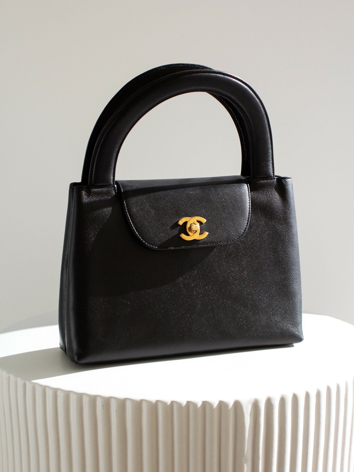 Chanel  1998 Kelly Black Caviar Leather 24K Gold Top Handle Bag