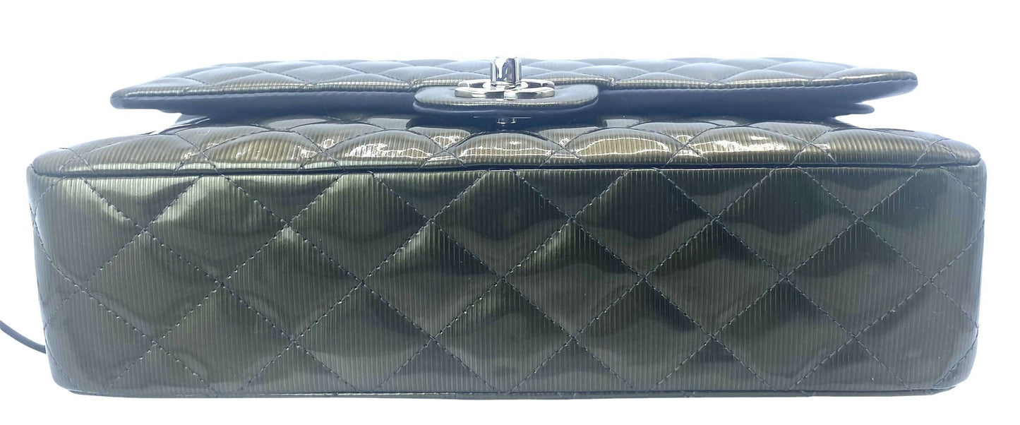 Chanel Medium Dark Green Straited Patent Leather Double Flap Timeless Classic Bag SHW