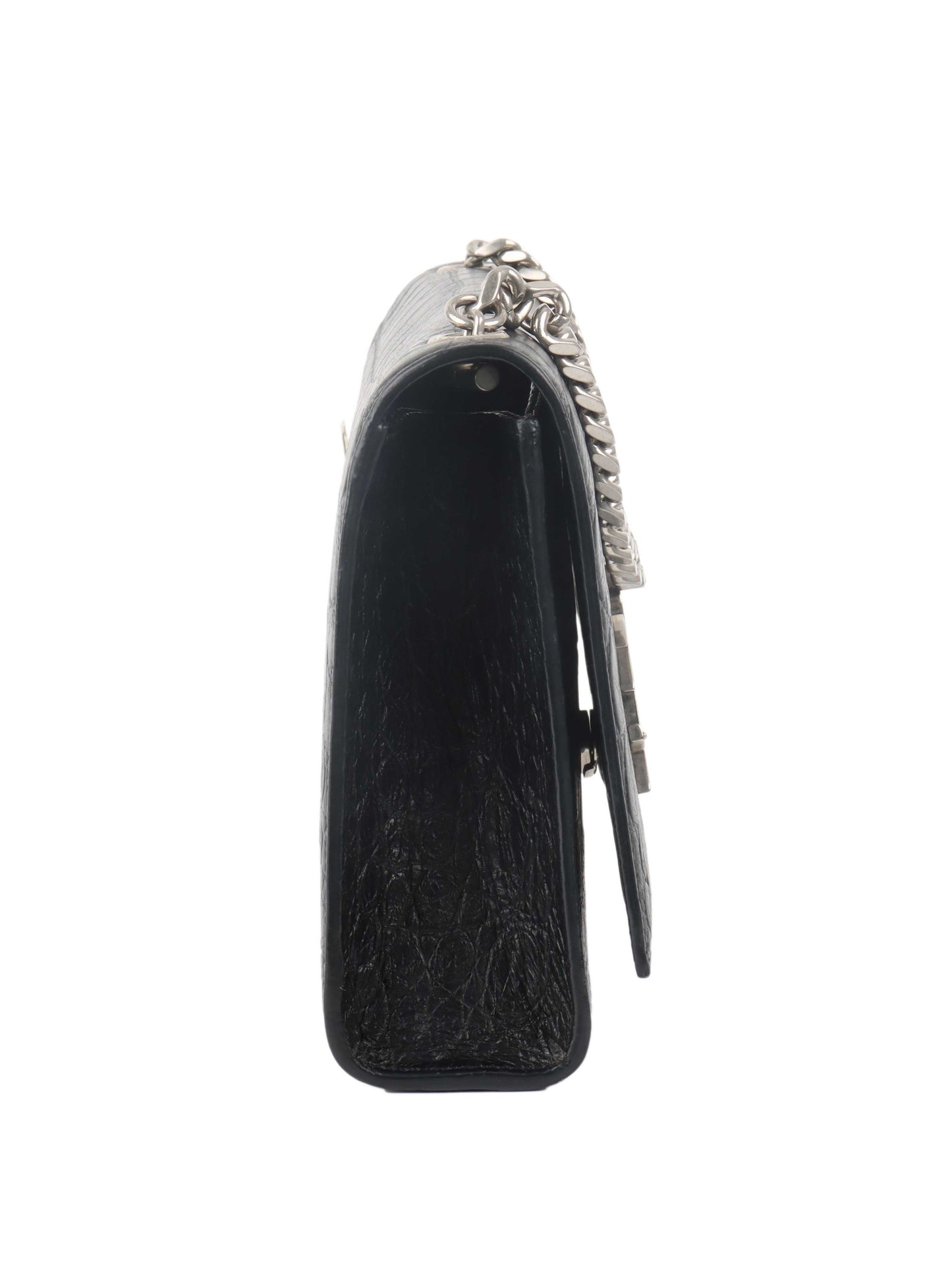 Saint Laurent Black Crocodile Embossed Chain Top Handle Kate Bag.