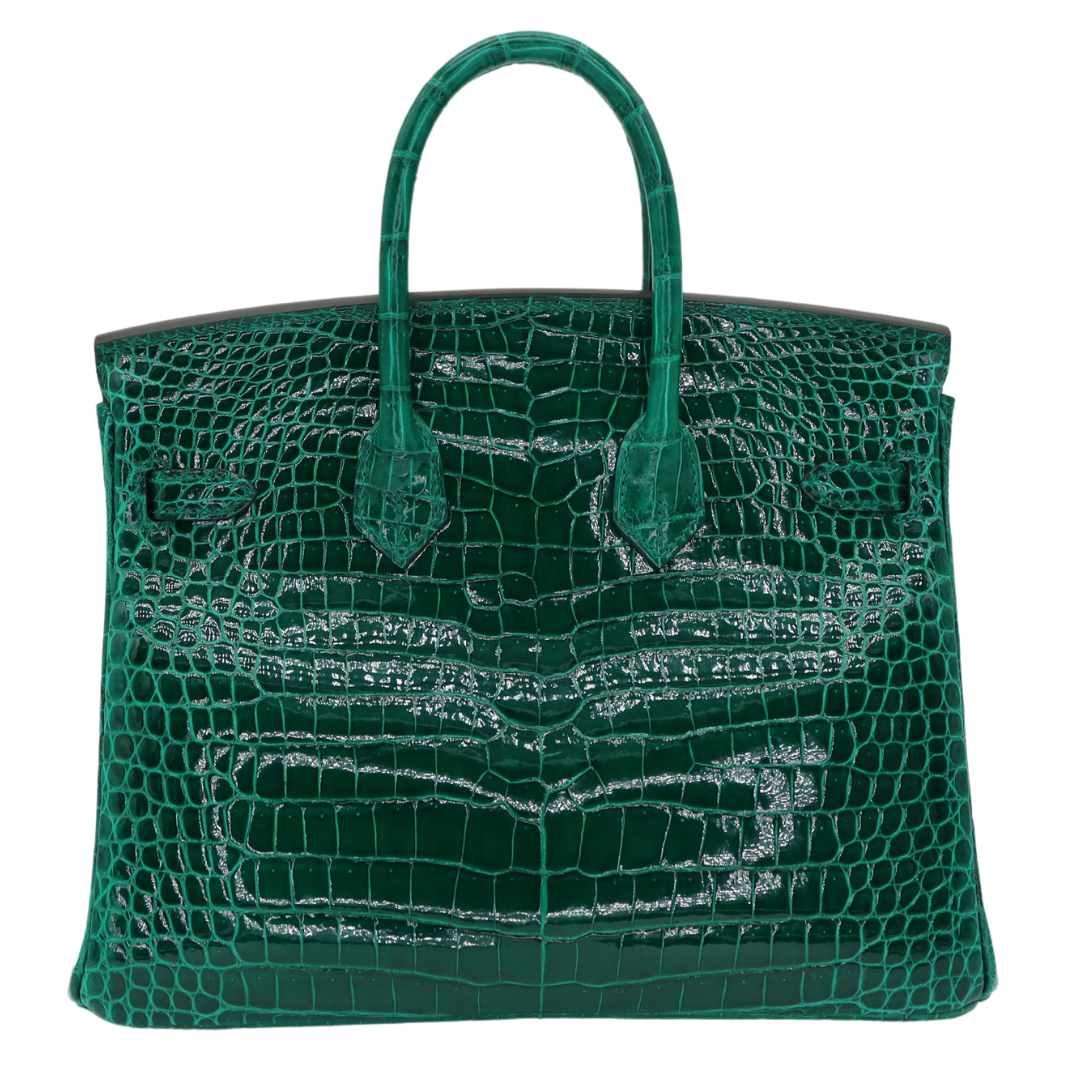 Hermes25cm Birkin Vert Emeraude Shiny Porosus Crocodile Palladium Hardware