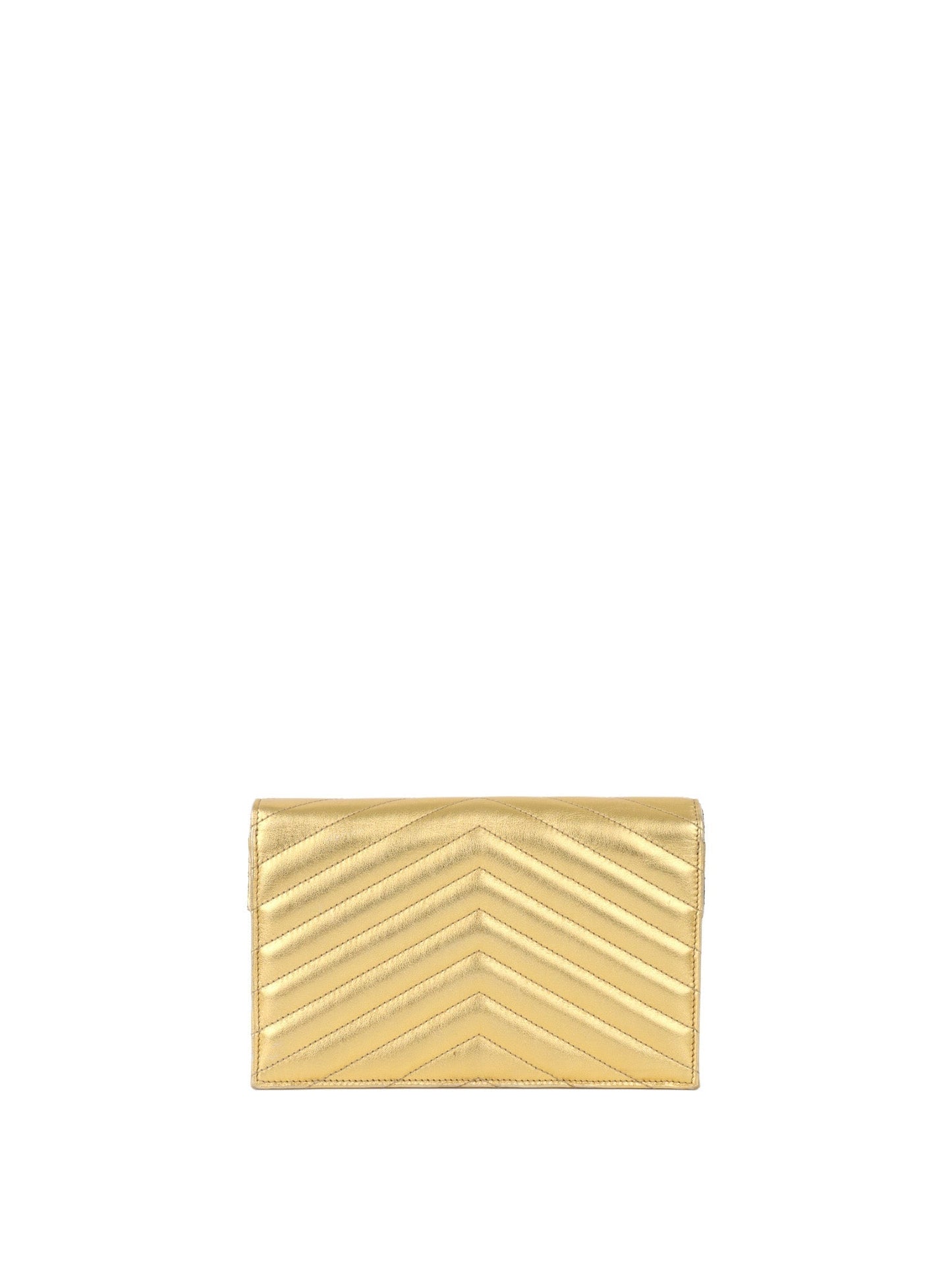 Saint Laurent Cassandra Matelasse Gold Envelope Chain Wallet.