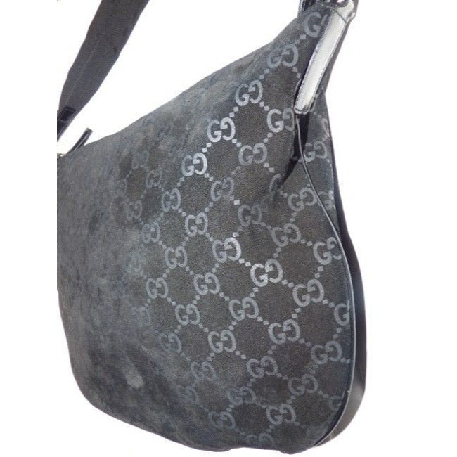 Gucci Vintage Black With Metallic Embossed G Logo Print Suede Leather Hobo Bag