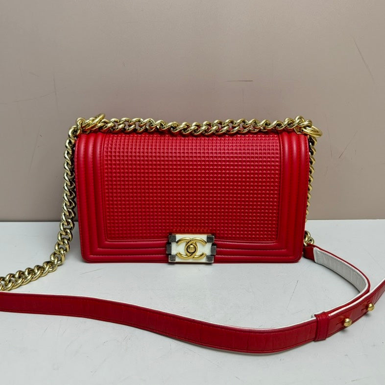Chanel Boy Flap Bag Cube Embossed Lambskin Old Medium Red B23-65