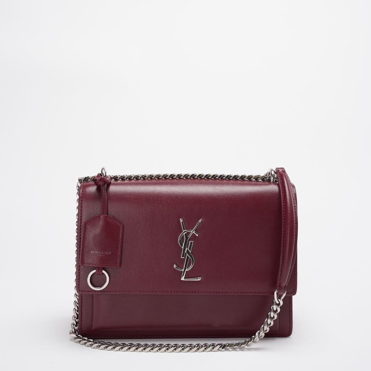 Saint Laurent Sunset Bag Burgundy Box Leder with Silver Hardware Medium