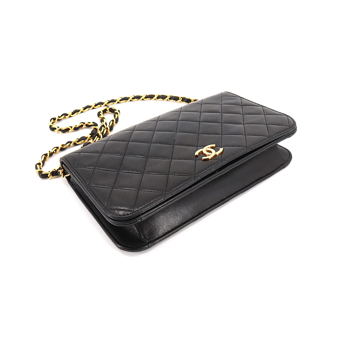 Chanel Matelasse Chain Shoulder Bag Leather Black Gold Hardware Push Lock