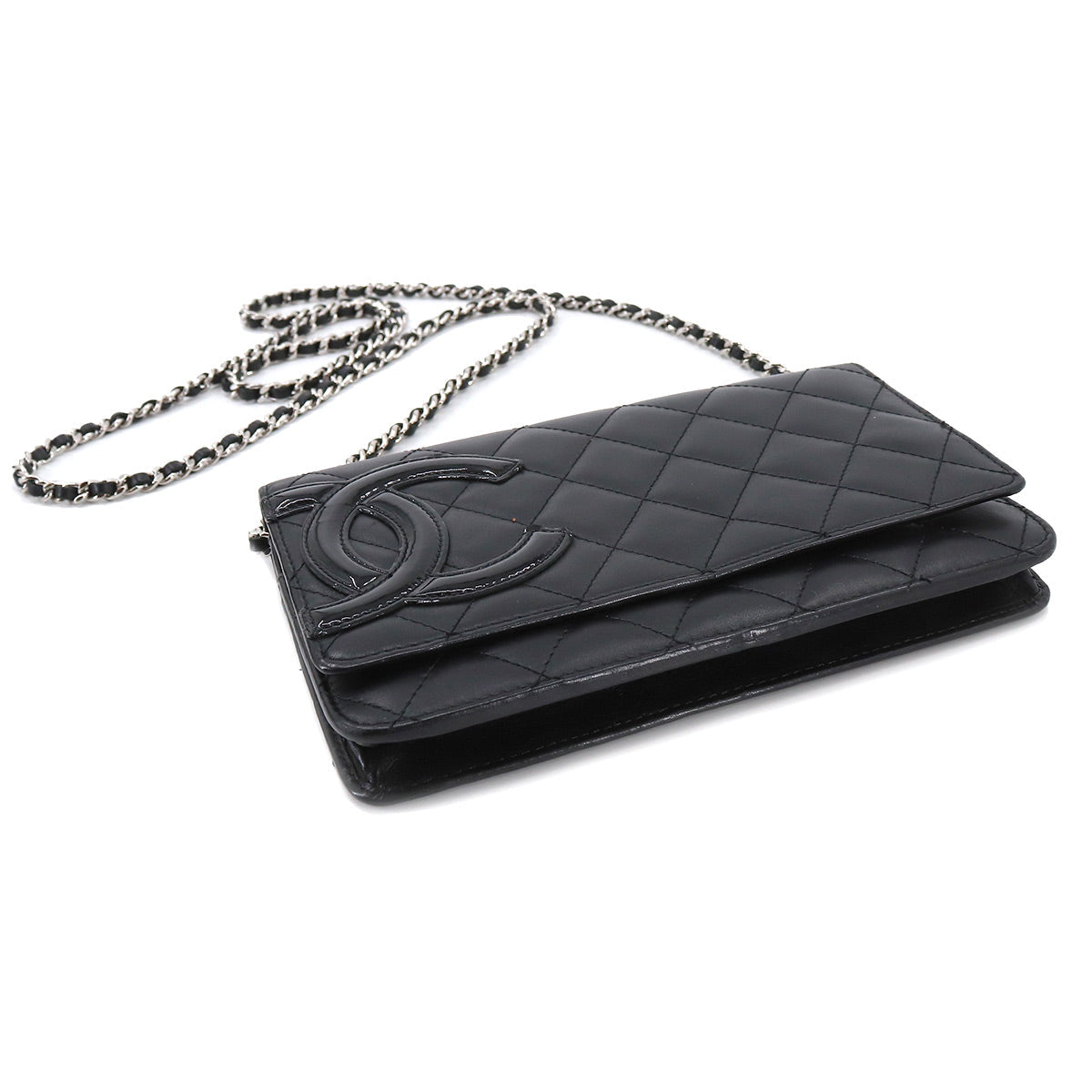 Chanel Cambon Line Chain Wallet Folio Long Wallet Leather Enamel Black Silver Metal Fittings
