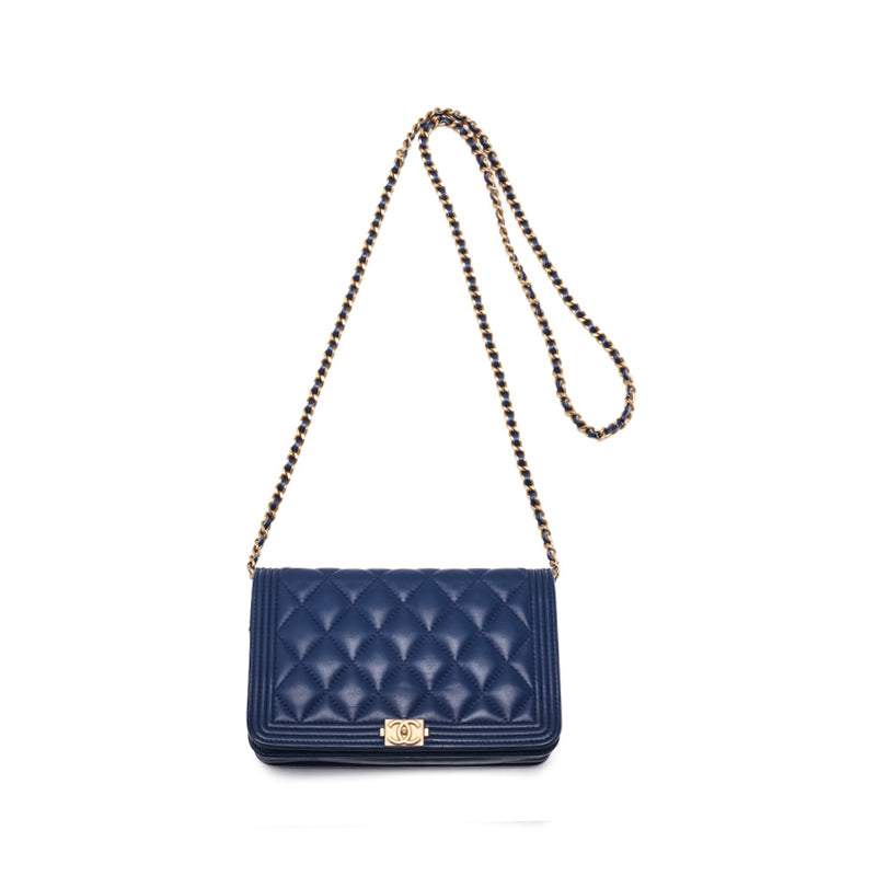 Chanel Matelasse Chain Wallet Lambskin Gold Hardware Shoulder Bag Navy
