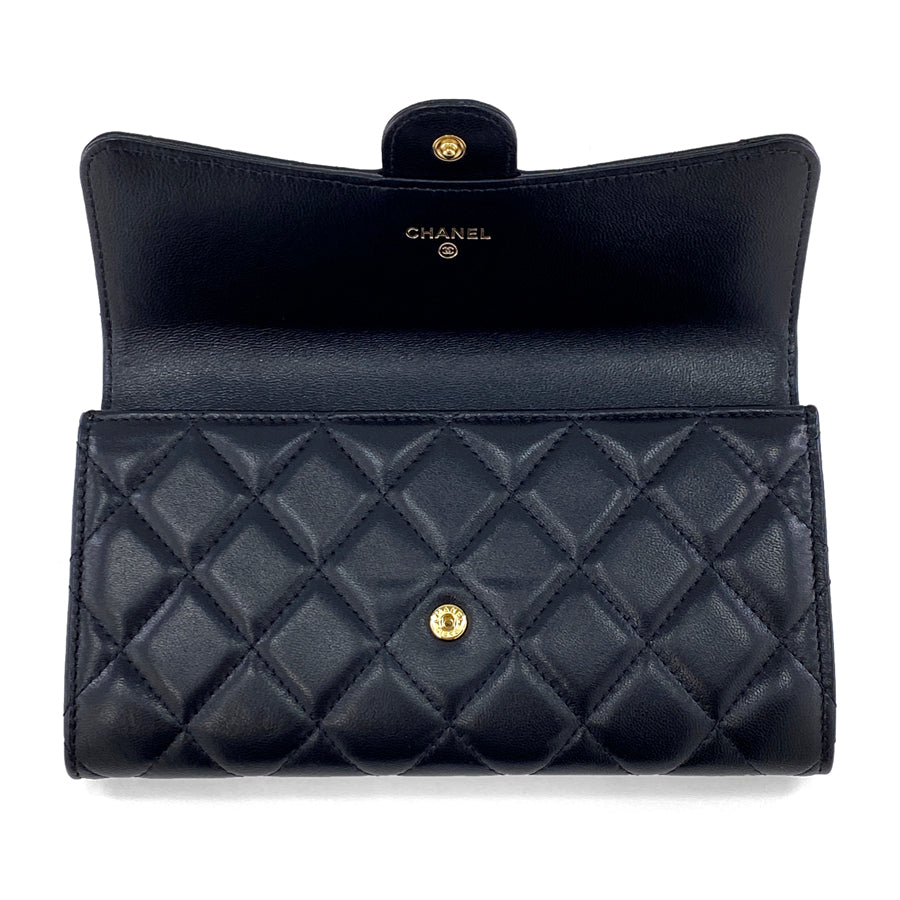 Chanel Long Wallet Classic Flap Matrasse Heremark Lambskin Black Gold Hardware
