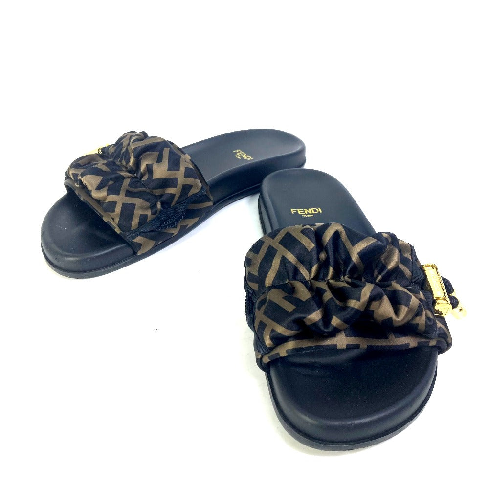 FENDI Sandals 8X8142 polyester Brown Shoes Shower Sandals Pool Sandals Feel Slide Pleated Women 35