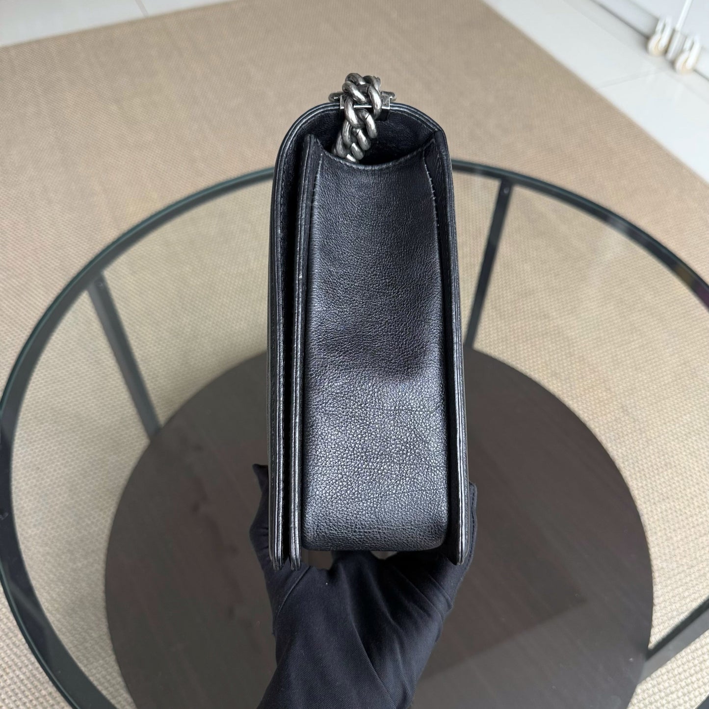Chanel Boy Large - Quilted Grained Calfskin Black Silver Hardware Series 18