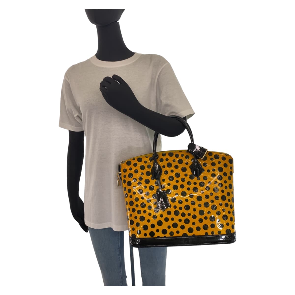 LOUIS VUITTON Handbag M91398 Patent leather Yellow Black Gold Metal Monogram Vernis LockitMM Yayoi Kusama