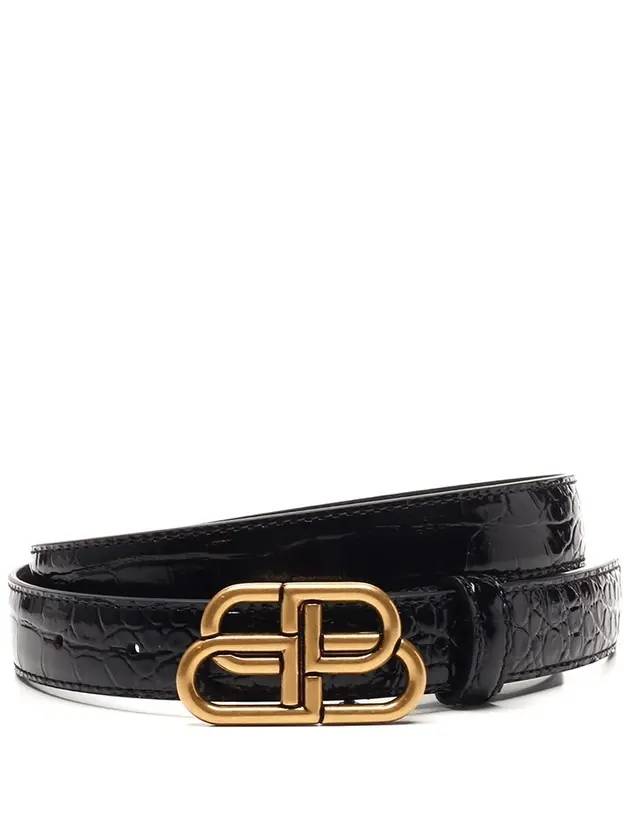 Luxury Balenciaga Trending 2026 WoMen's Crocodile Embossed BB Buckle Thin Belt Black