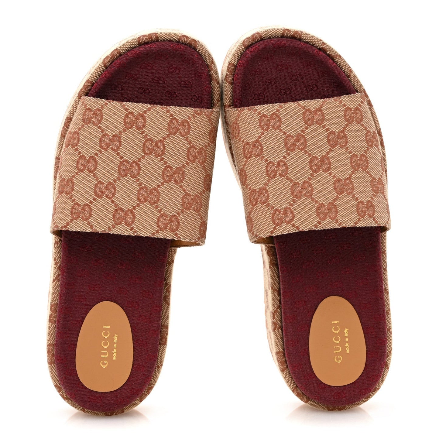 Gucci Canvas GG Monogram Angelina Platform Slide Sandals 40 Beige Ruggine