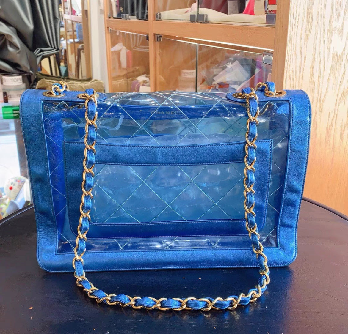 CHANEL 95P  "BARBIE" MAXI FLAP METALLIC BLUE BAG 24K GHW CLASSIC PCI