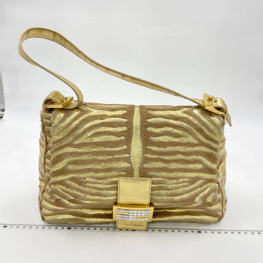 Fendi Mamma Baguette Gold Lambskin Leather Pony-style Zebra Stripes