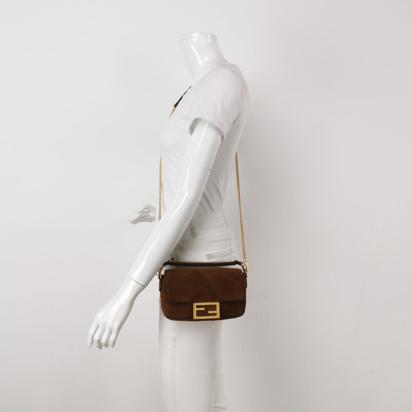 Fendi Baguette Mini Brown Suede Gold Hardware Crossbody Bag