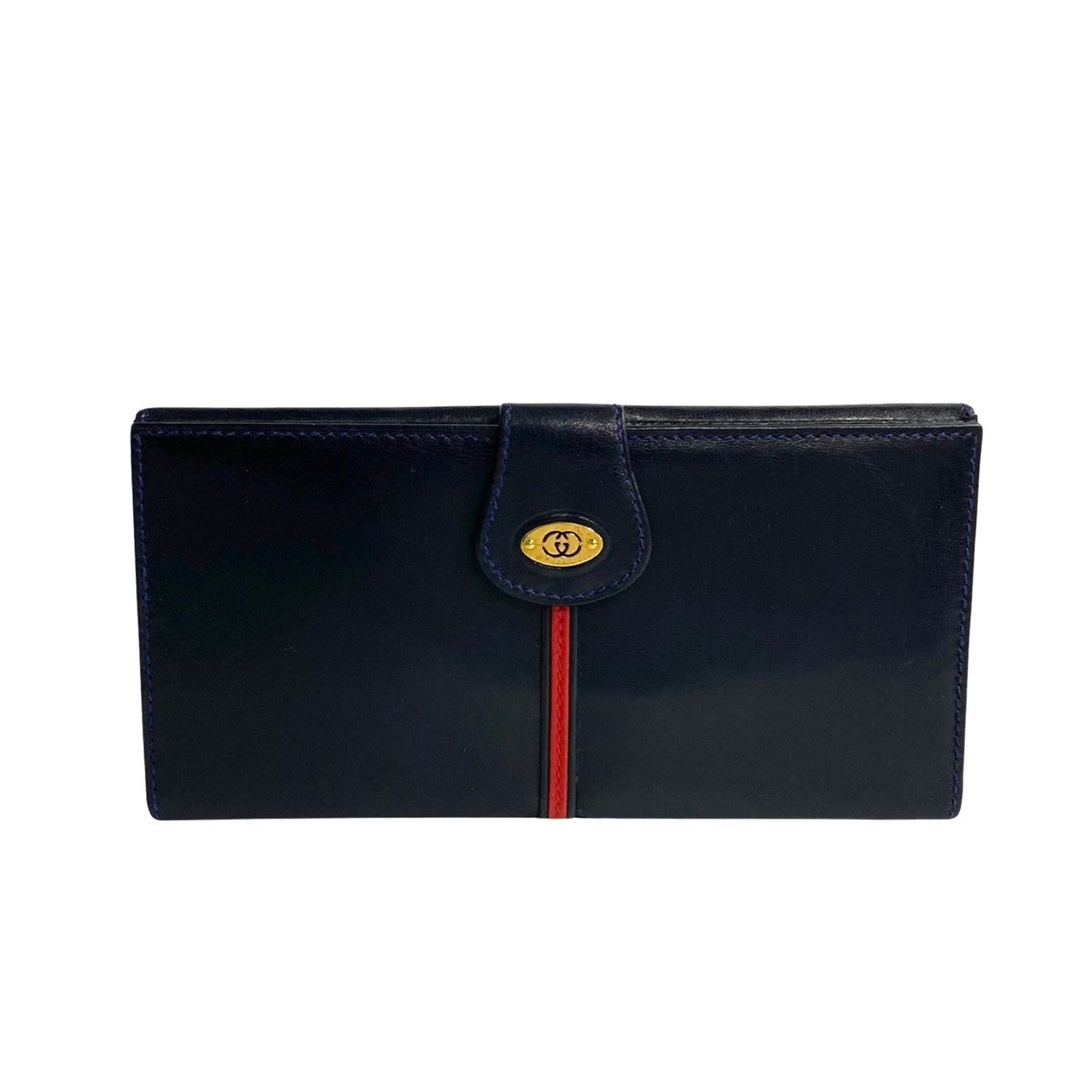 GUCCI Long Wallet Purse leather Navy GG logo Metal Sherry line Women