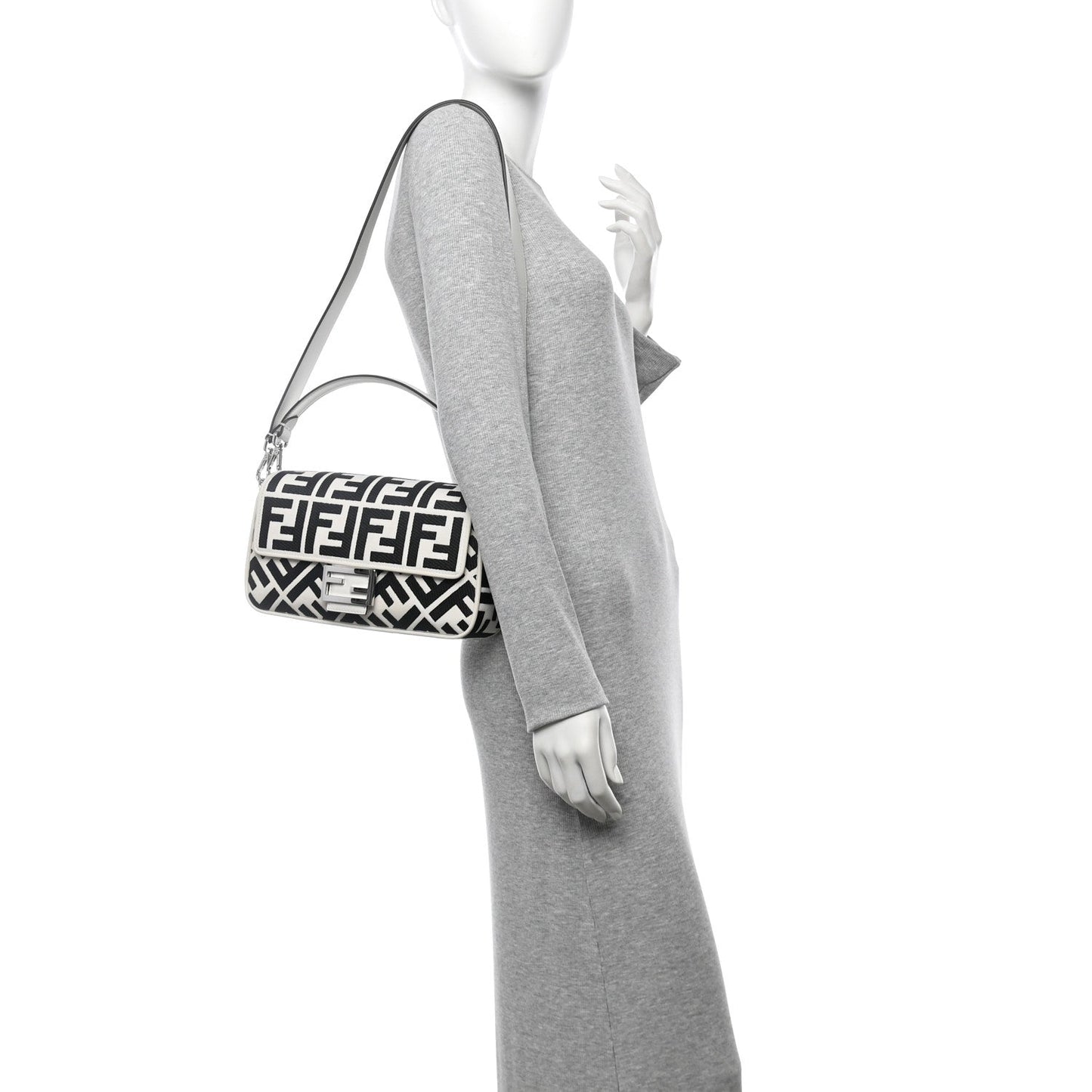 Fendi Canvas Vitello King FF Embroidered Baguette White Black