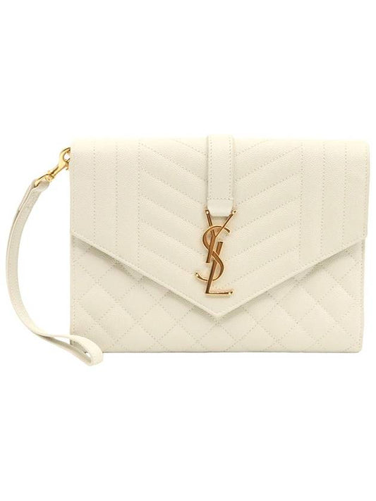 Luxury Saint Laurent Trending 2025 Blanc Vintage White Grande Poudre Embossed Gold Monogram Envelope Strap Clutch