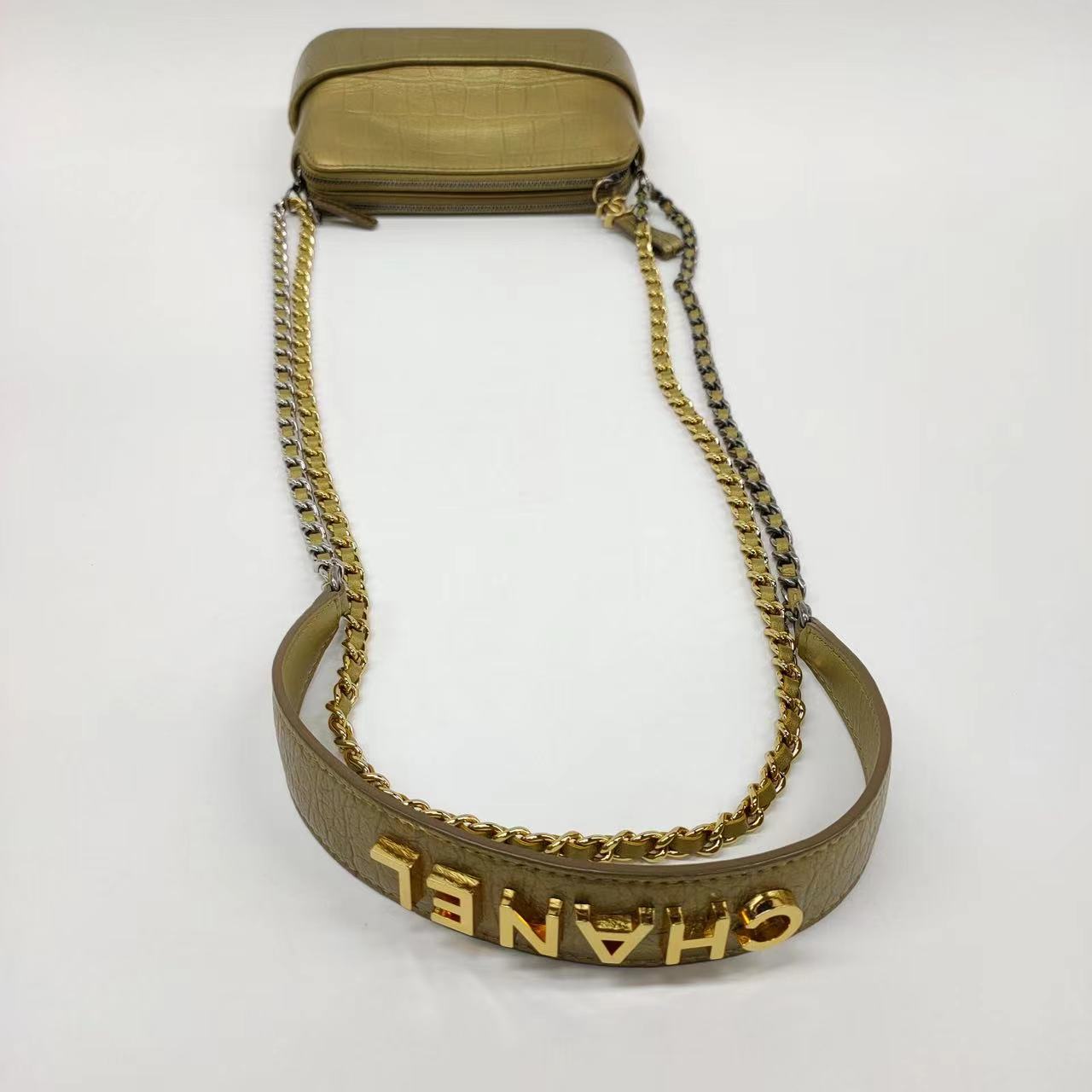 Chanel Gabrielle Mini Gold Crocodile Embossed Calfskin Leather Crossbody Bag