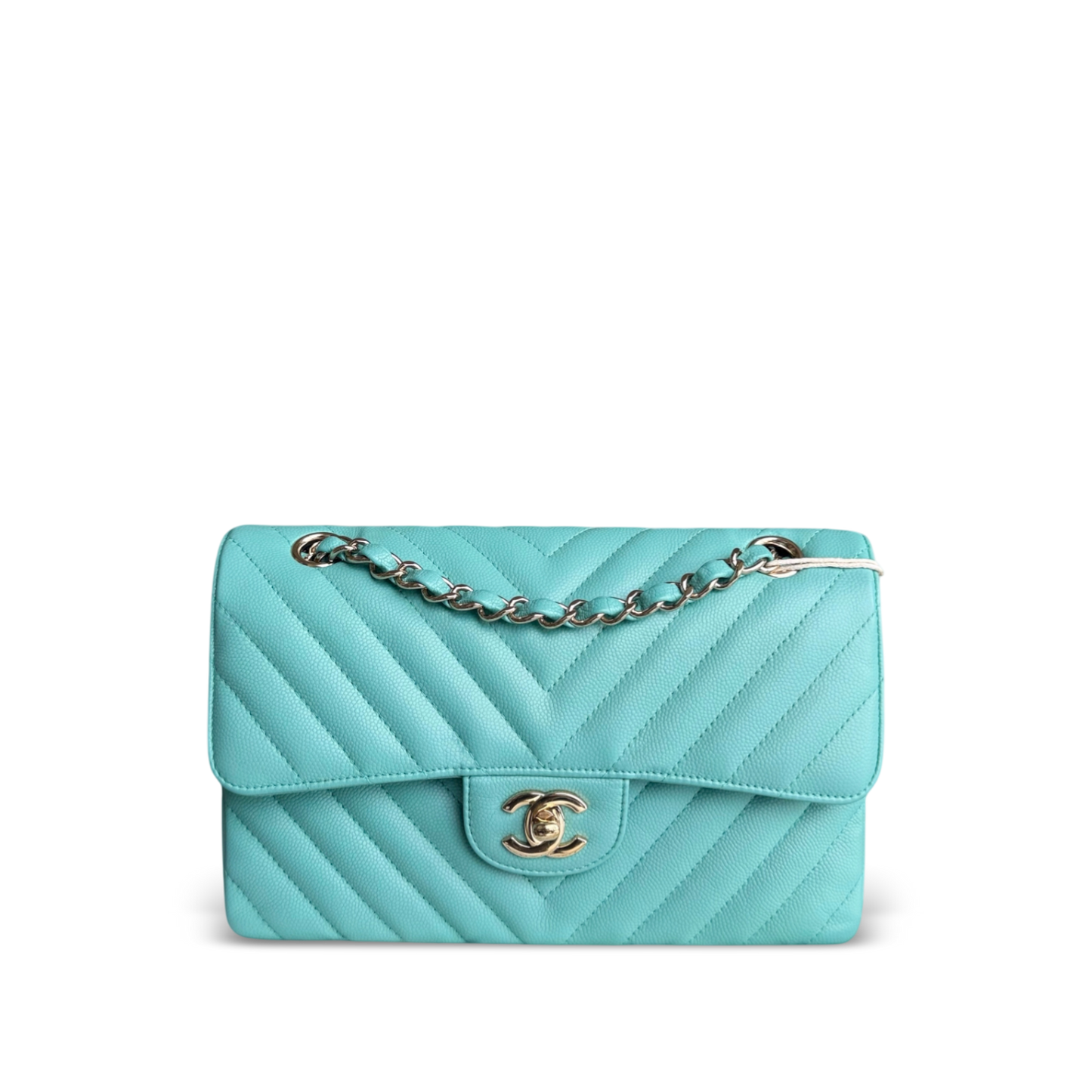 Chanel Classic Flap Small - Caviar 23CM Chevron Light Blue Tiffiny Blue Gold Hardware Series 27