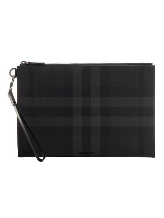 Luxury Burberry Check Large Zip Pouch Clutch Bag Charcoal