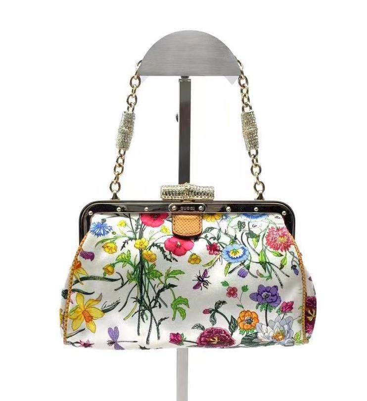 Gucci Floral Silk Satin Purse with Crystal Embellished Bamboo Style Chain Strap