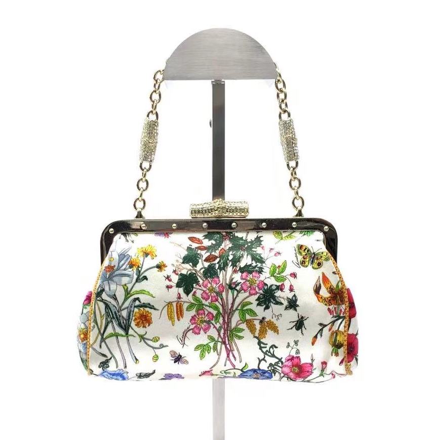 Gucci Floral Silk Satin Purse with Crystal Embellished Bamboo Style Chain Strap