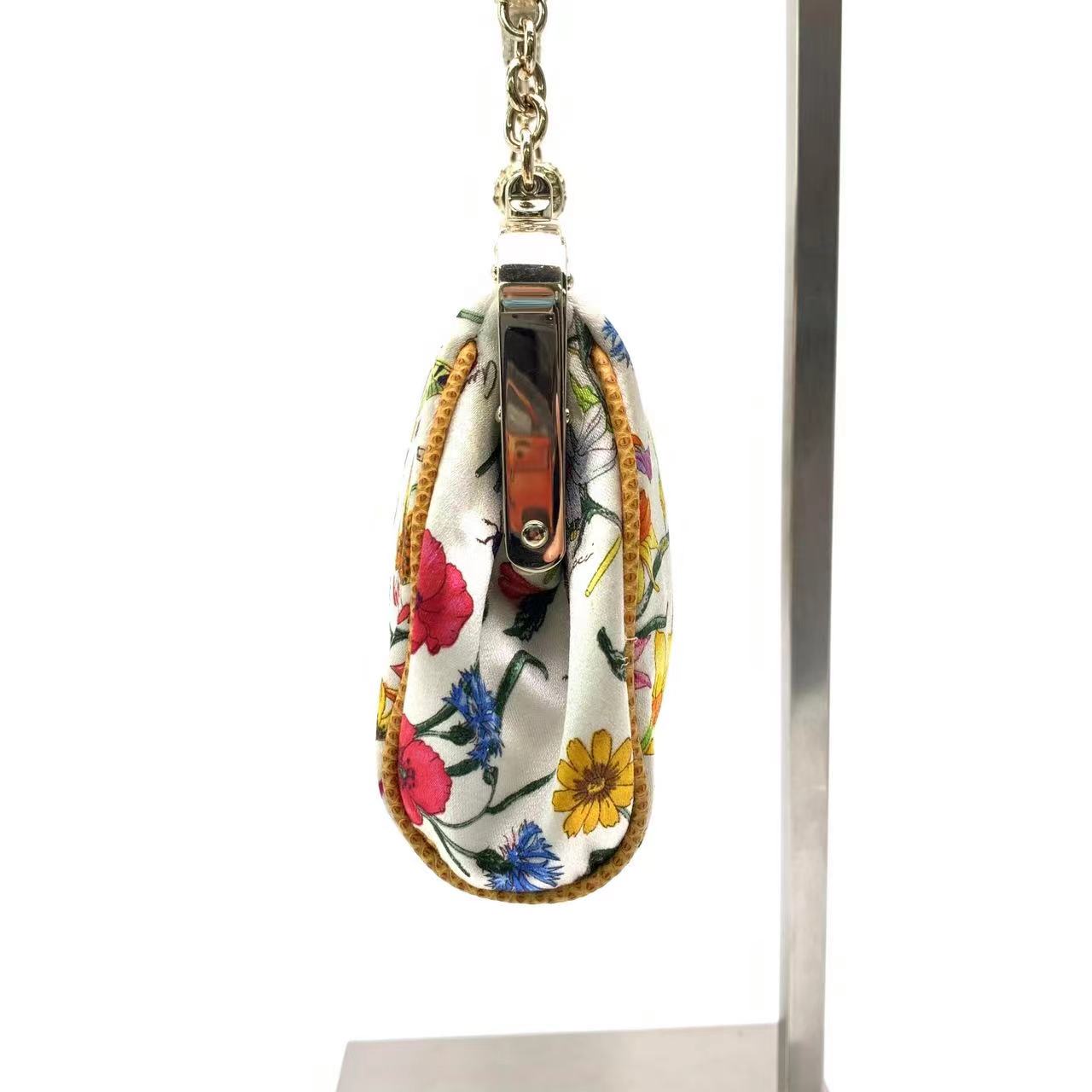Gucci Floral Silk Satin Purse with Crystal Embellished Bamboo Style Chain Strap