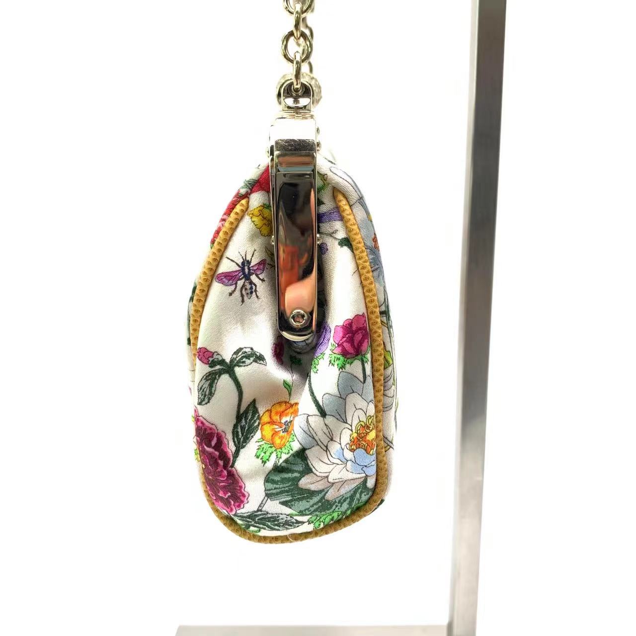 Gucci Floral Silk Satin Purse with Crystal Embellished Bamboo Style Chain Strap