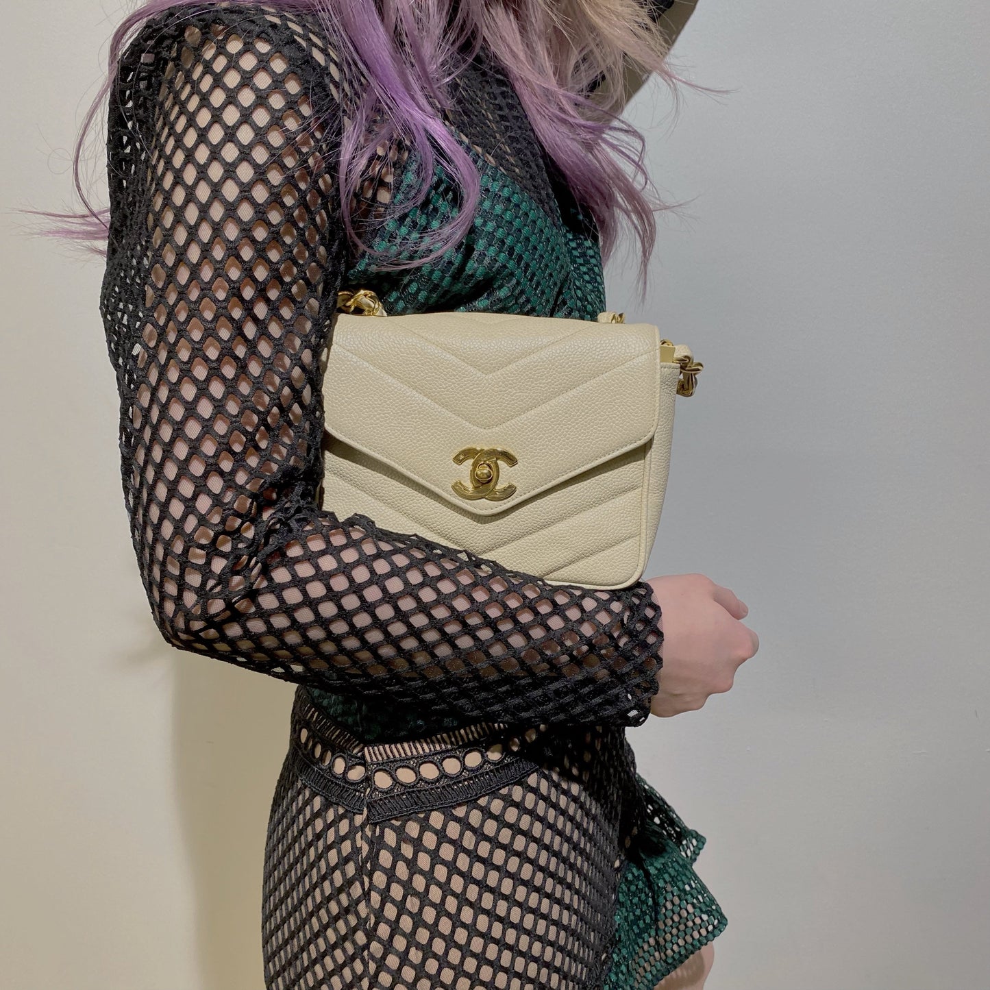 Chanel Cream  Caviar Leather V Stitch Shoulder Bag