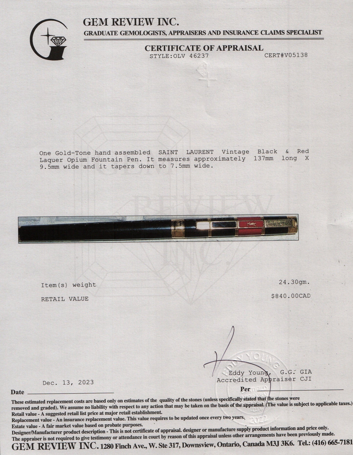 Saint Laurent Vintage Gold-Tone Black Lacquer Opium Fontain Pen