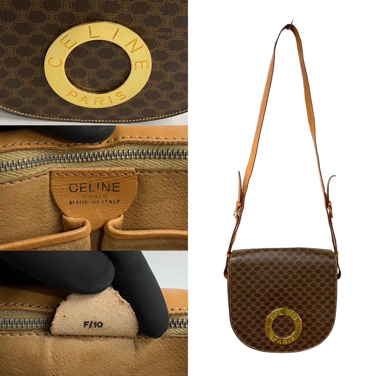 CELINE Shoulder Bag Leather, PVC Brown Macadam Women