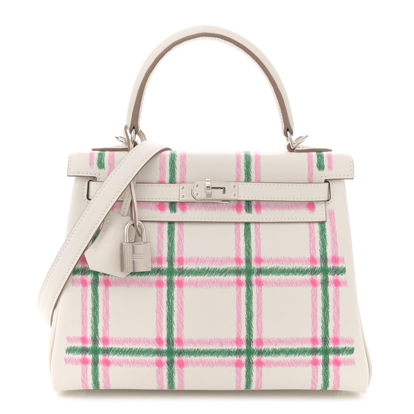 Hermes Swift Tartan Kelly Retourne 25 Gris Pale Rose Bubblegum Vert Moyen