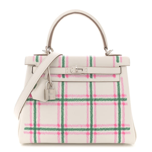 Hermes Swift Tartan Kelly Retourne 25 Gris Pale Rose Bubblegum Vert Moyen